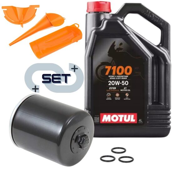 Motul 7100 4T 20W50 4L eļļa ar K&N® premium eļļas filtru (melns) un piltuvju komplektu
